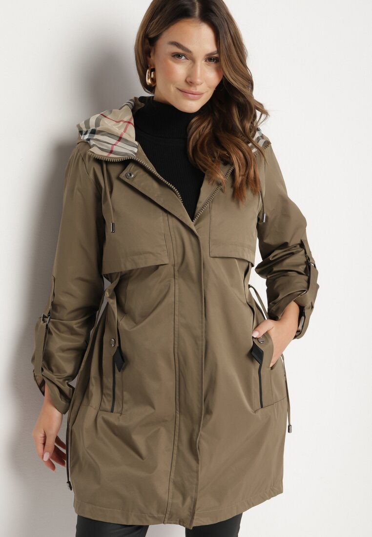 Jachetă Parka Verde închis cu Mâneci Rulate și Glugă cu Inserții în Carouri Kaithna