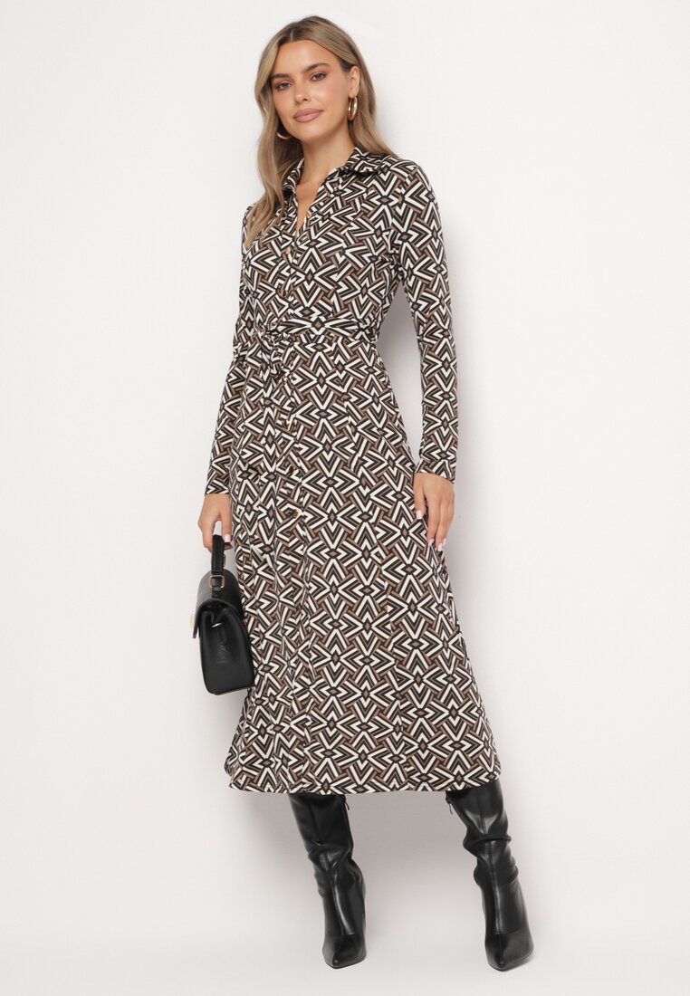 Rochie cămașă Negru cu Viscoză cu Model Geometric cu Centură Avanelora