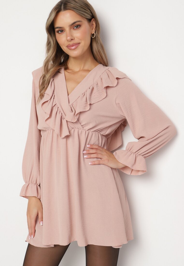 Rochie Cloche Roz cu croială petrecută și volane Celonara