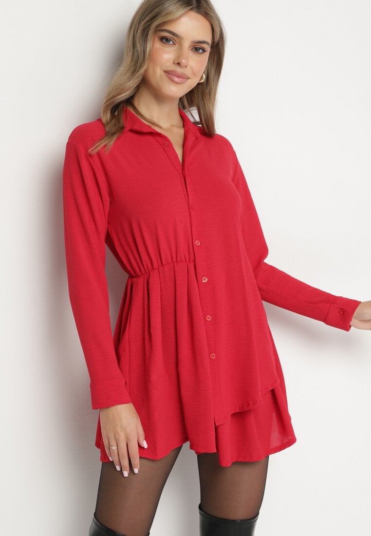 Rochie roșie asimetrică stil cămașă cu elastic în talie Elodina