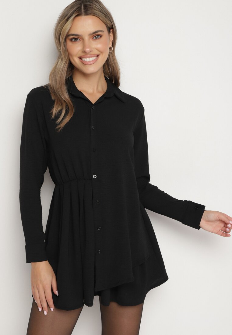 Rochie Neagră Asimetrică cu croială tip cămașă cu elastic în talie Elodina