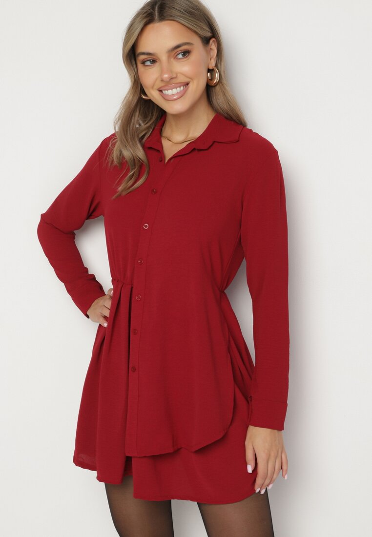 Rochie Bordeaux Asimetrică cu croi de cămașă cu elastic în talie Elodina