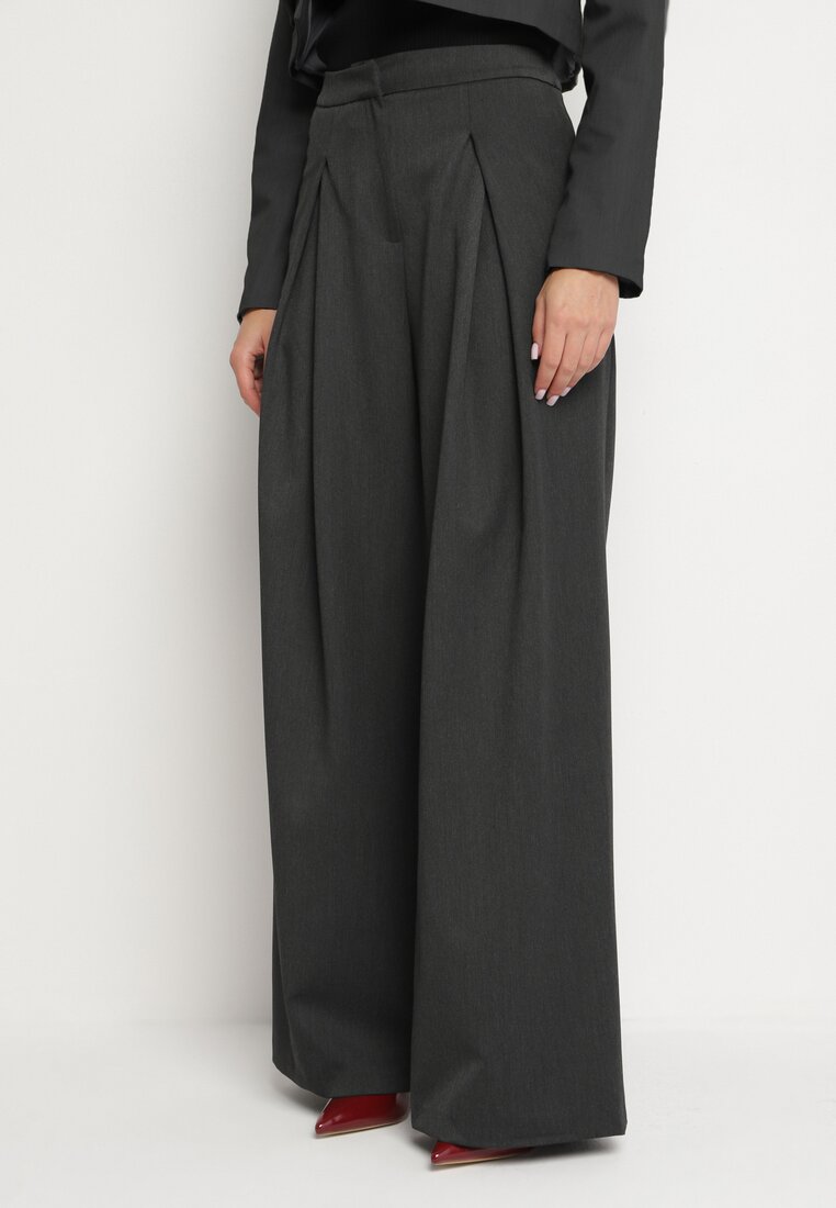 Pantaloni de costum Largi Gri închis din Viscoză cu Pliuri și Buzunare înclinate Gelobria