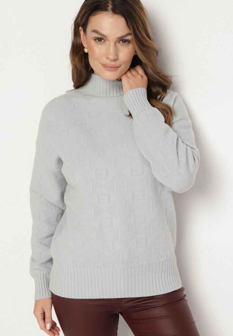 Pulover pe gât Gri deschis cu model decorativ în relief cu finisaj reiat Melodiea