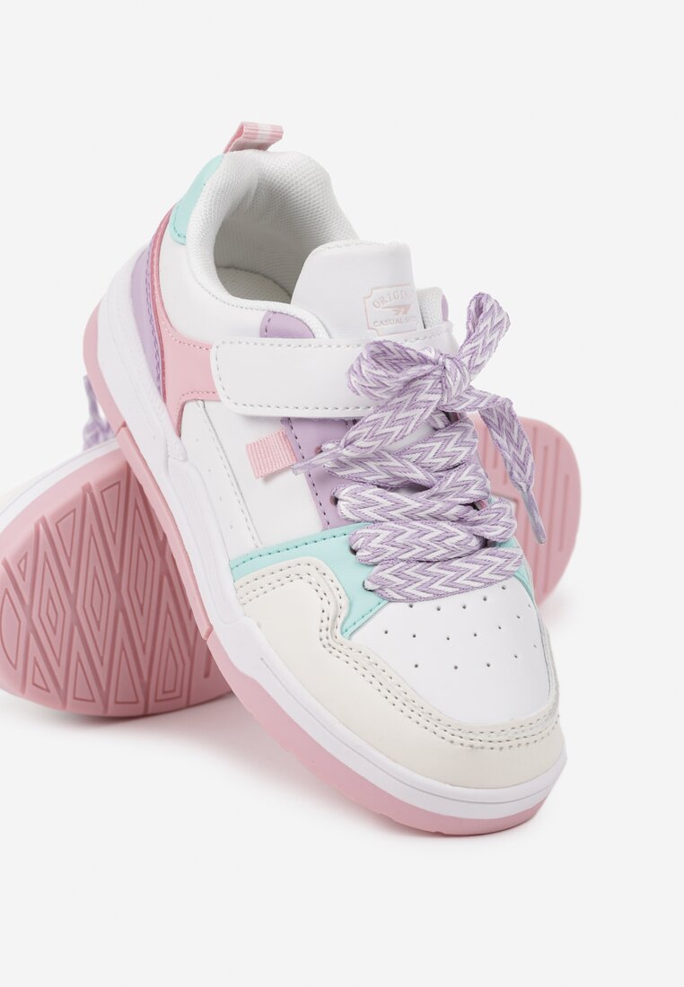 Pantofi sport Alb-Violet plați Sneakers cu perforații și șireturi Florenne