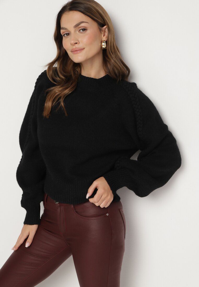 Pulover Negru Guler semi-înalt cu Viscoză și Împletitură Decorativă pe Mâneci Sinovira
