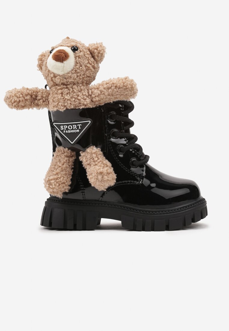 Botine tip worker Negre Lăcuite pe Talpă în relief cu Aplicație Ursuleț într-un Buzunărel Ivarita
