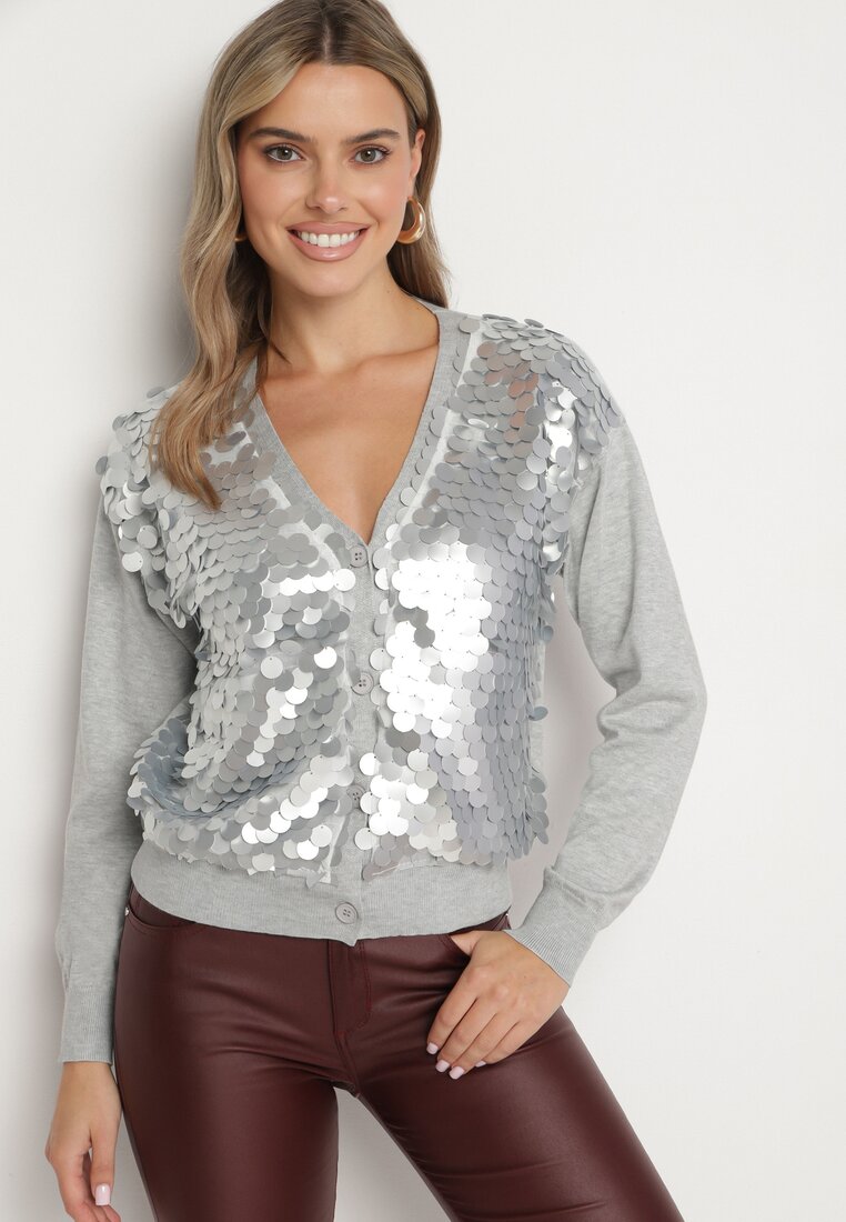 Cardigan Gri Descheiabil din Viscoză Decorat cu Paiete Evandriae