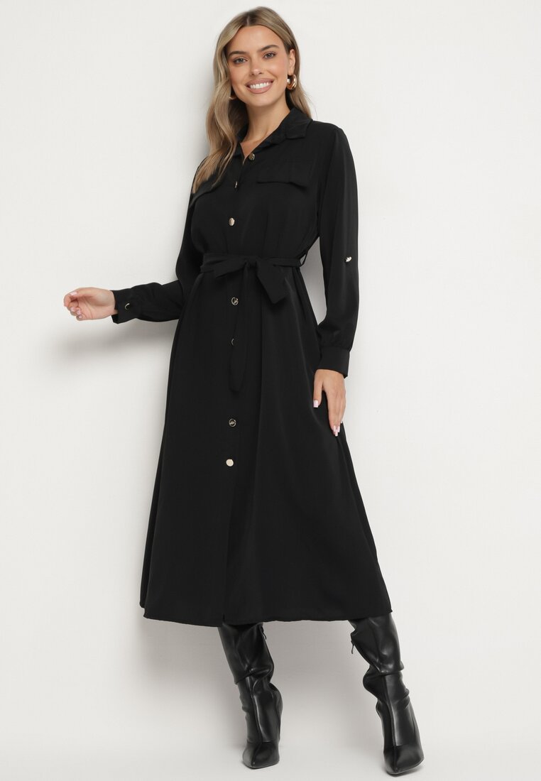 Sukienka Koszulowa Neagră cu mâneci rulate și curea suplimentară legată Ivandria