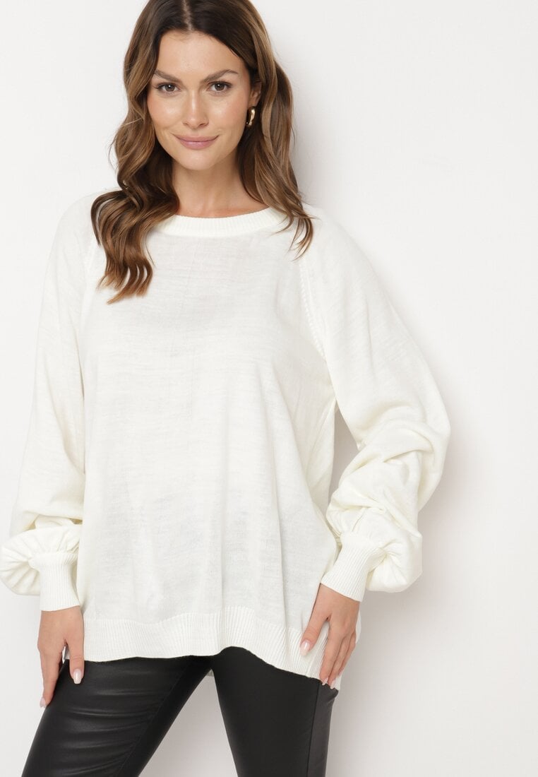 Pulover bej deschis croi oversized cu borduri largi Nittia