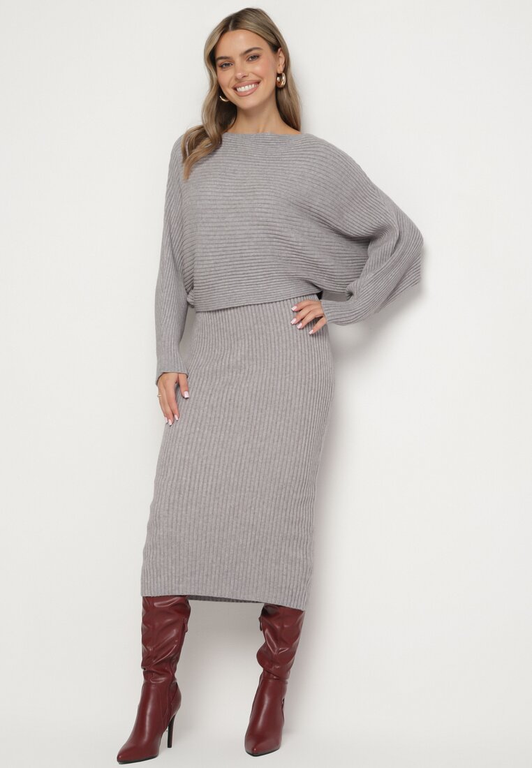 Set Gri Rebrat din Viscoză Bluză tip liliac Fustă cu elastic în talie Zortia