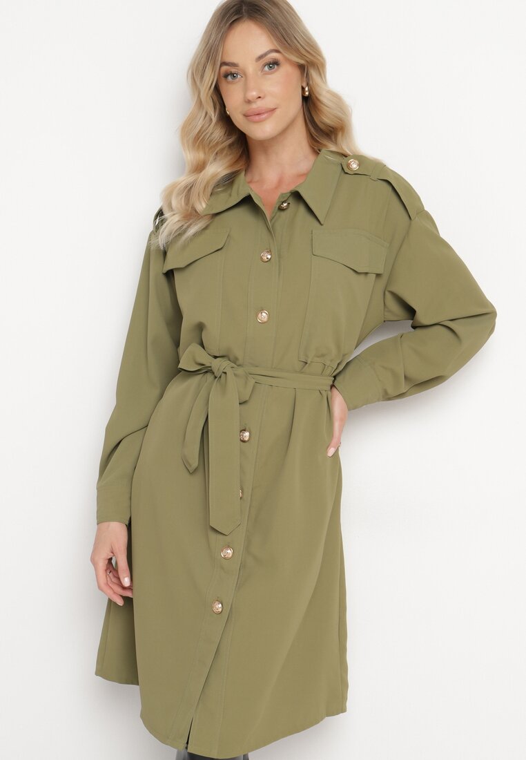 Rochie cămașă verde cu nasturi decorativi și curea legată Alttia