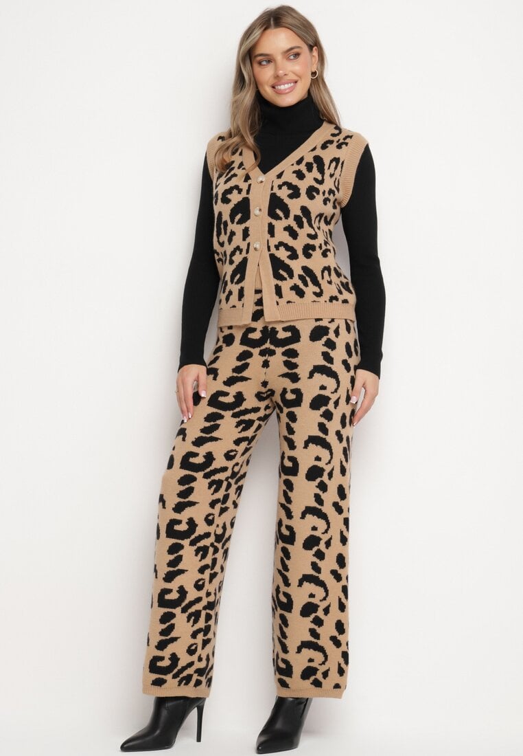 Compleu Tricotat Maro Imprimat leopard cu viscoză Vestă cu nasturi și Pantaloni cu elastic Tirtina