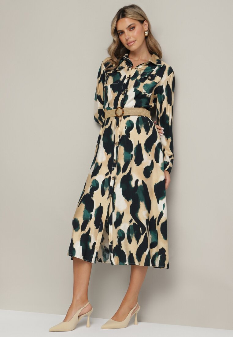 Rochie tip cămașă Verde-Bej Cloș cu Imprimeu Abstract și Cordon Împletit Miririda