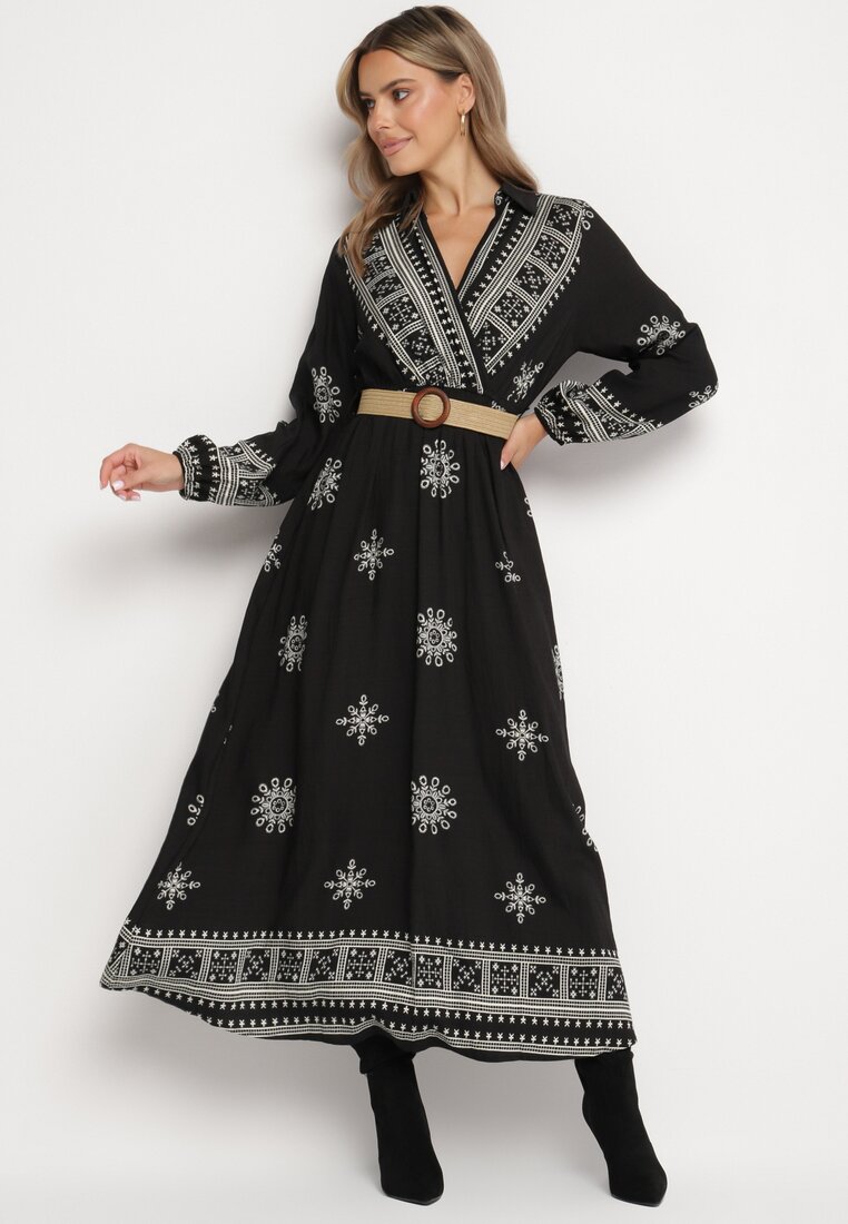 Rochie Petrecută Neagră cu Viscoză, cu Curea și Elastic în Talie, cu Model Etnic Zindoria