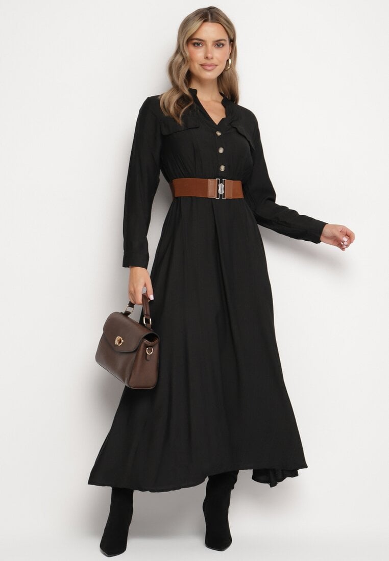 Rochie Neagră Evazată Tip cămașă cu curea și elastic în talie Zinavie