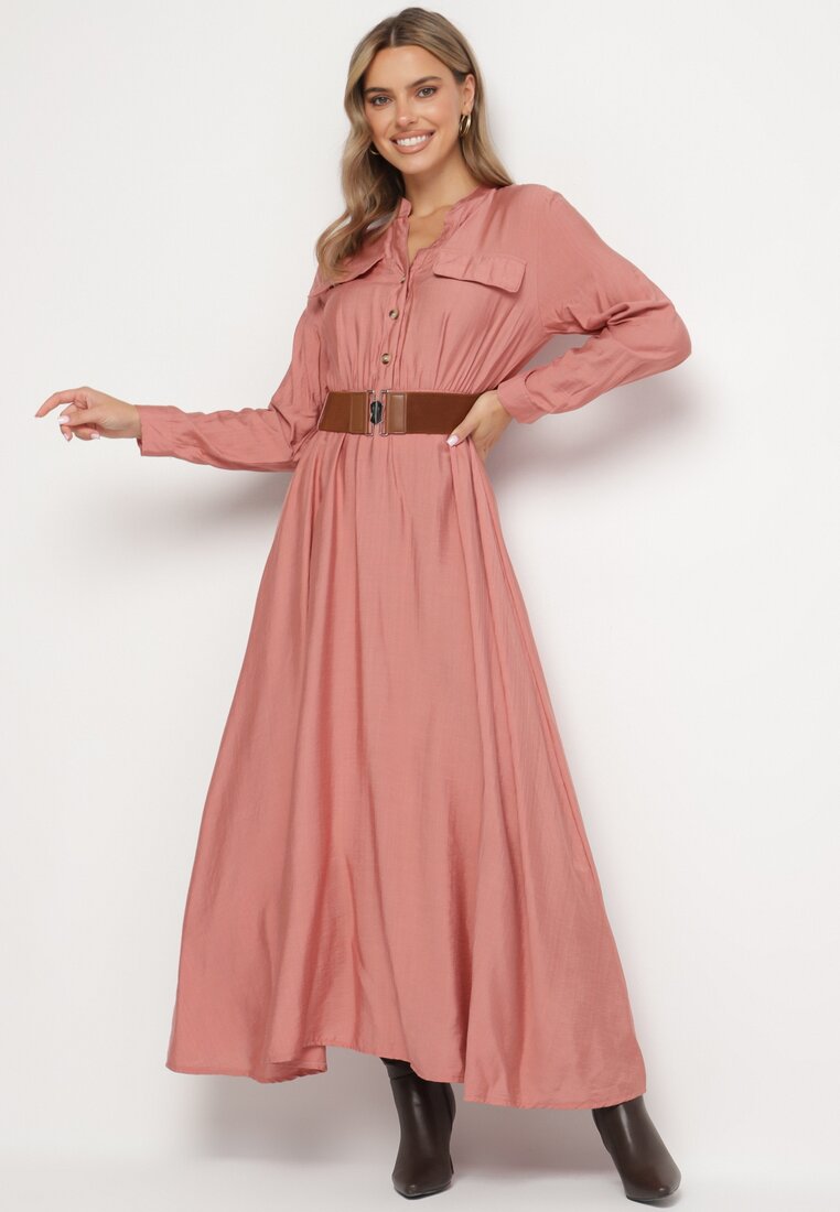 Rochie Roz Evazată Tip Cămașă cu Centură și Elastic în Talie Zinavie