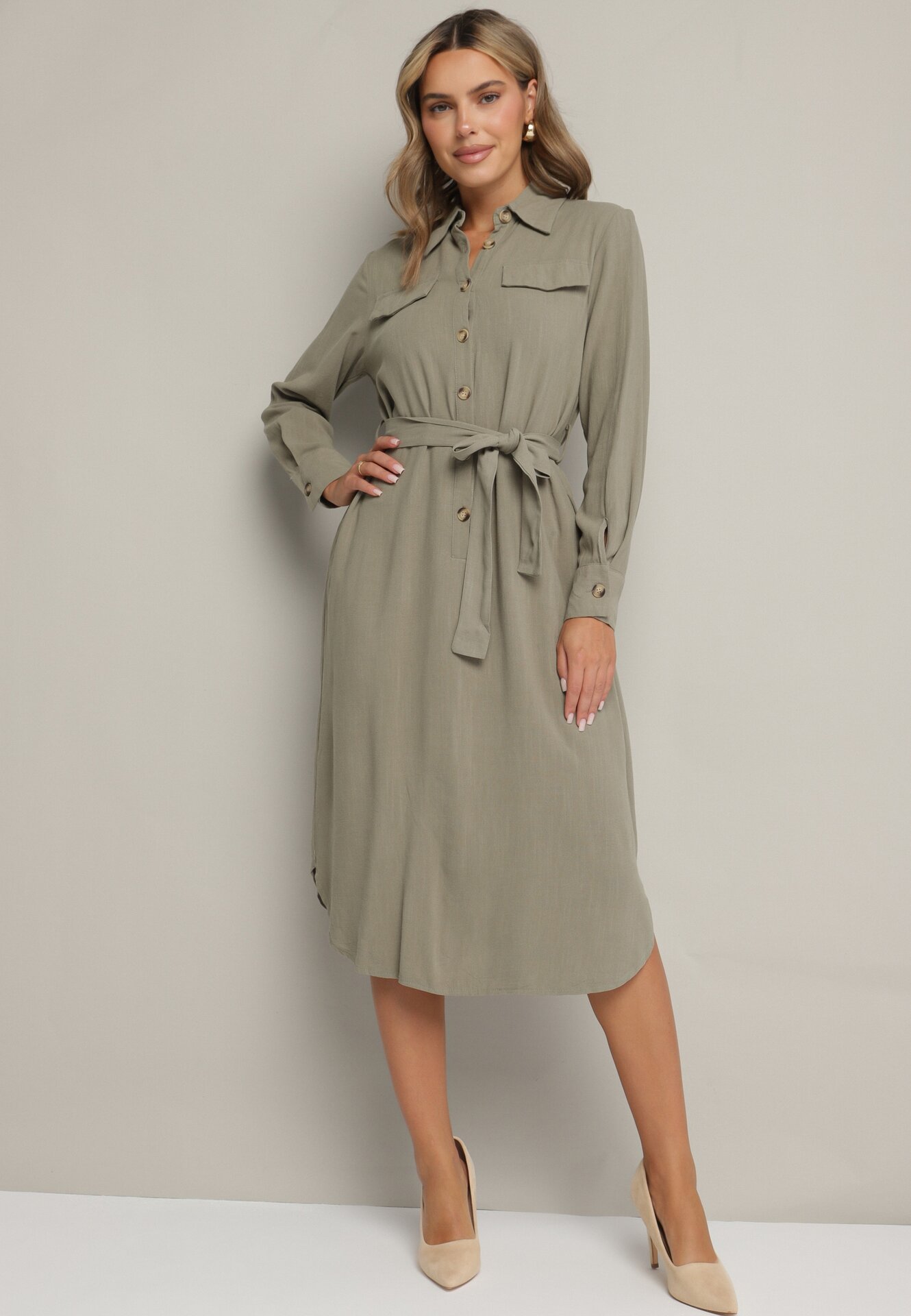 Rochie tip cămașă Verde din bumbac cu centură legată Zintrona