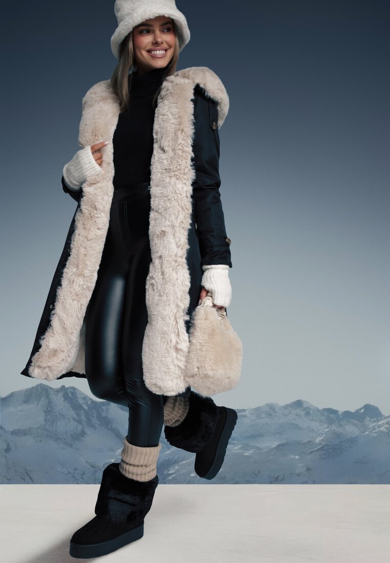 Geacă Parka Căptușită Negru-Bej cu Șnur în Talie cu Blană Detașabilă la Glugă Tintelissa