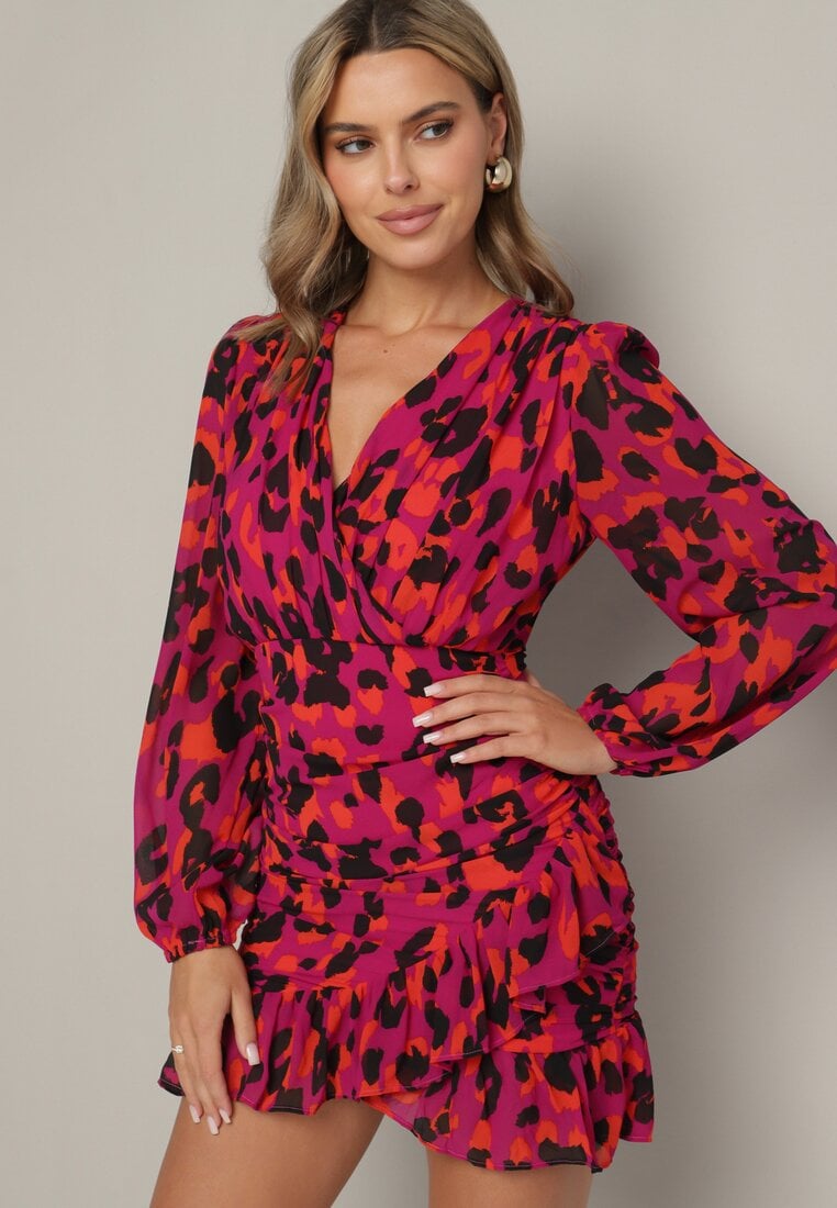 Rochie Petrecută Imprimeu Panteră Roșie Ornată cu Încrețituri și Volan Valentica