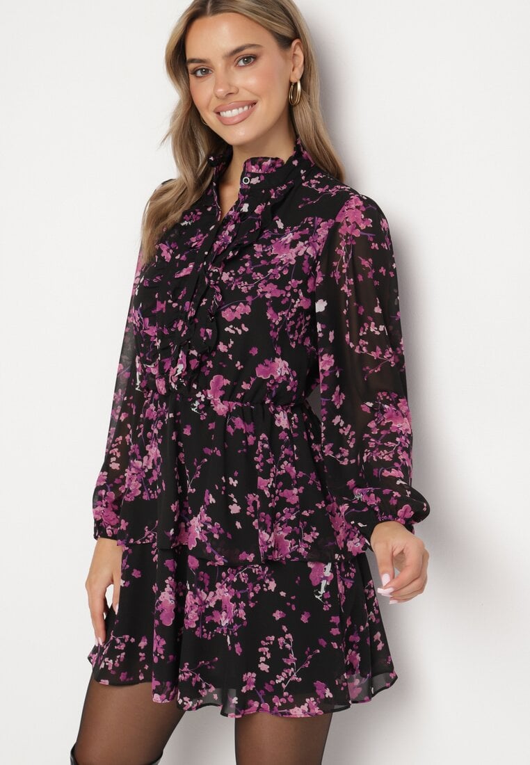 Rochie Negru-Violet Evazată Florală cu volane și elastic în talie Zinilda
