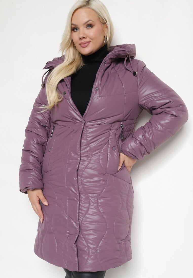 Geacă Violet închis cu Glugă Decorată cu Cusături cu Manșete și Tiv Elastic Ittasia