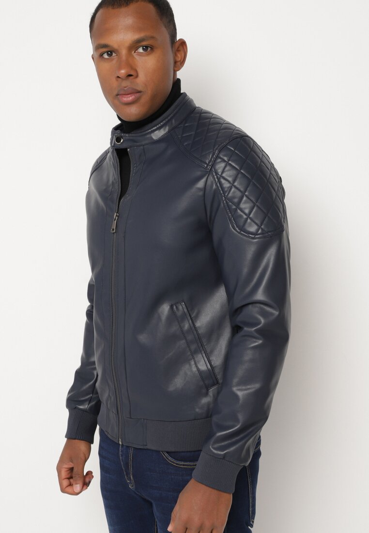 Geacă ramonesă bleumarin stil motociclist cu guler ridicat Tinina