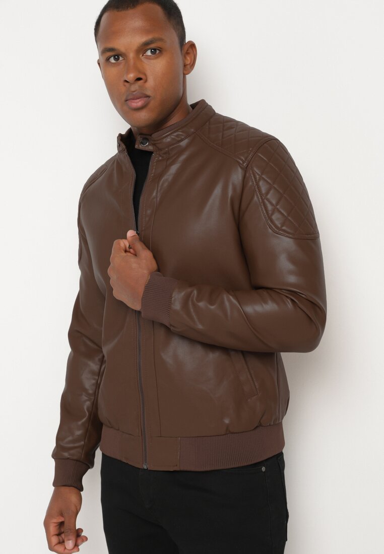 Jachetă Ramonescă Maro în Stil Motociclistic cu Guler Înalt Tinina