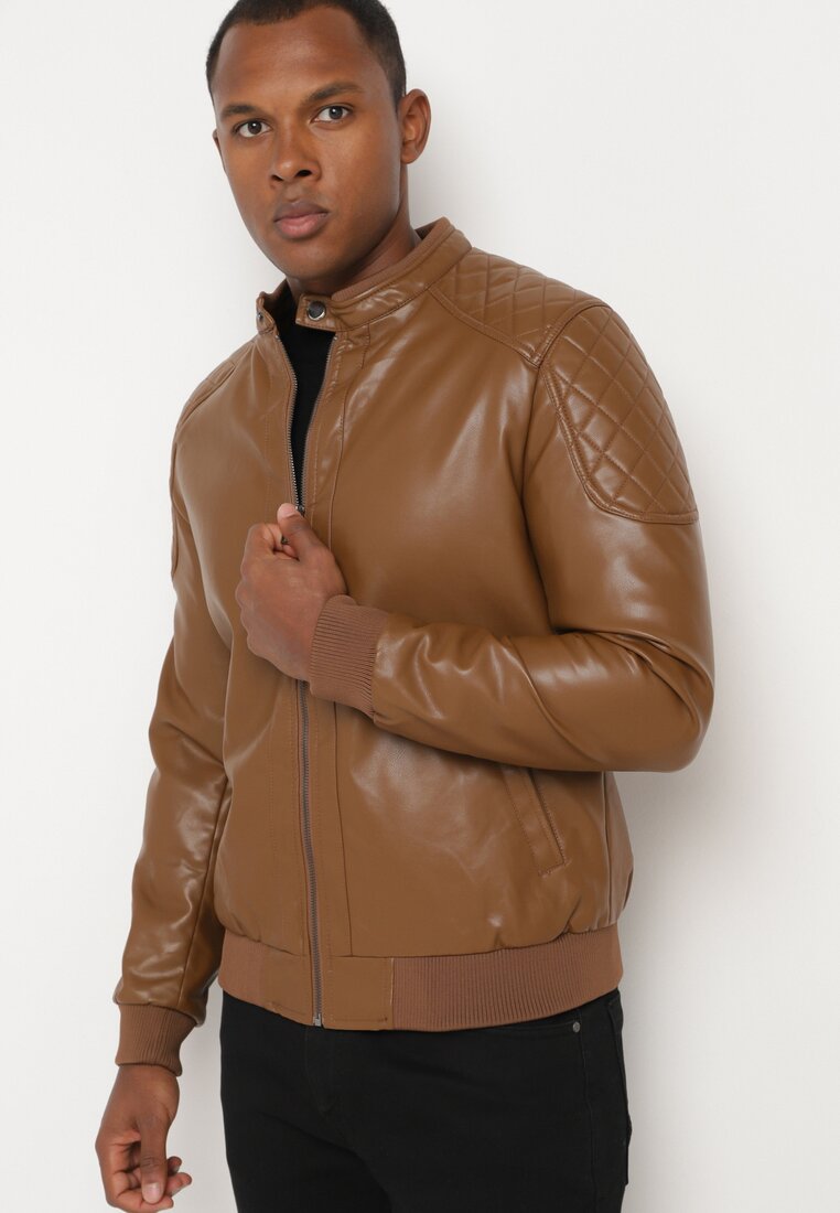 Geacă Ramonescă Maro închis Stil motociclist Cu guler înalt Tinina