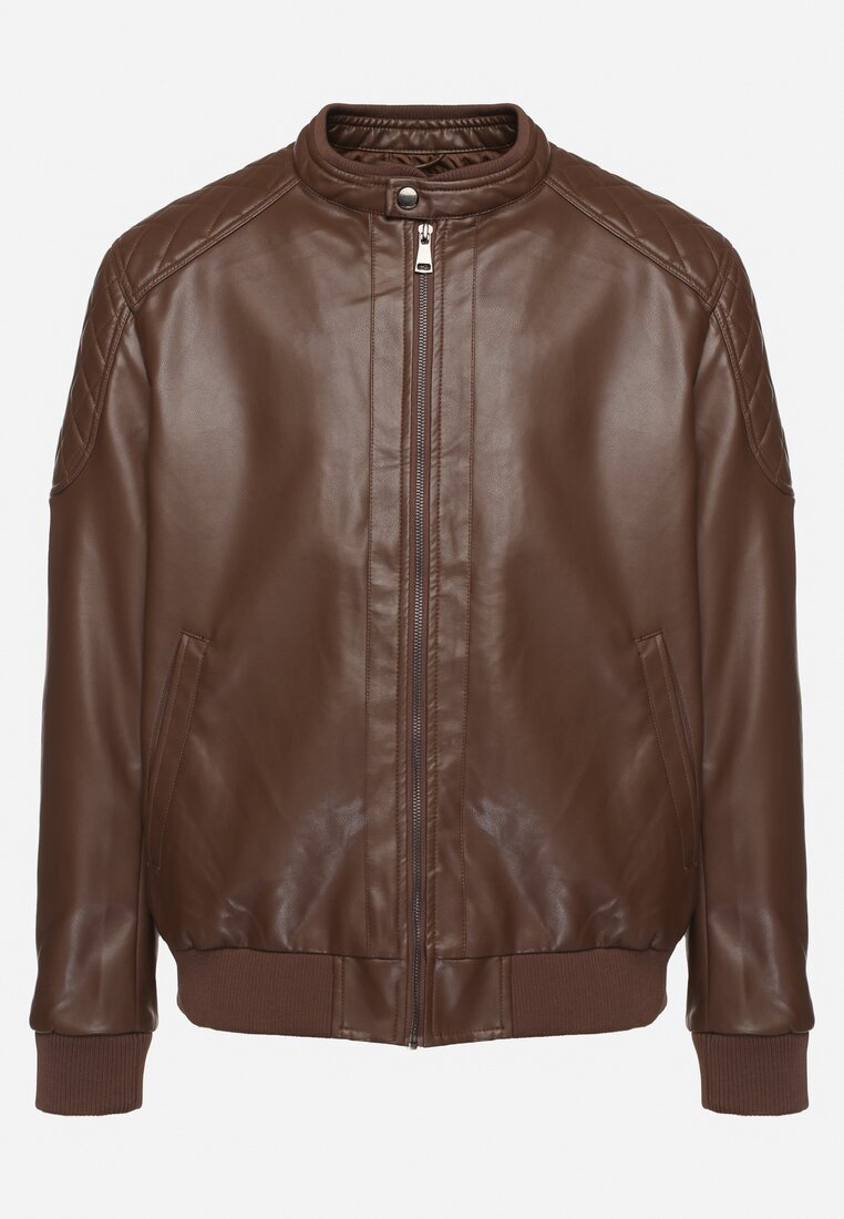Geacă maro închis Ramones Bomber stil motociclist cu guler înalt și manșete elastice Matina
