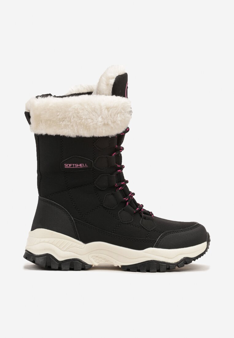 Bocanci de zăpadă negri pe talpă groasă reliefată cu cusături decorative și blană Sagiara