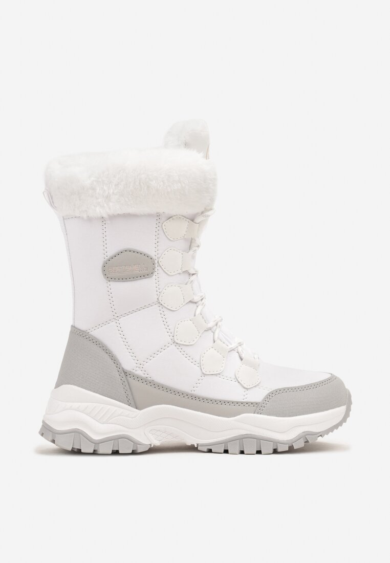 Cizme de zăpadă albe pe talpă groasă reliefată cu cusături decorative și blană Sagiara