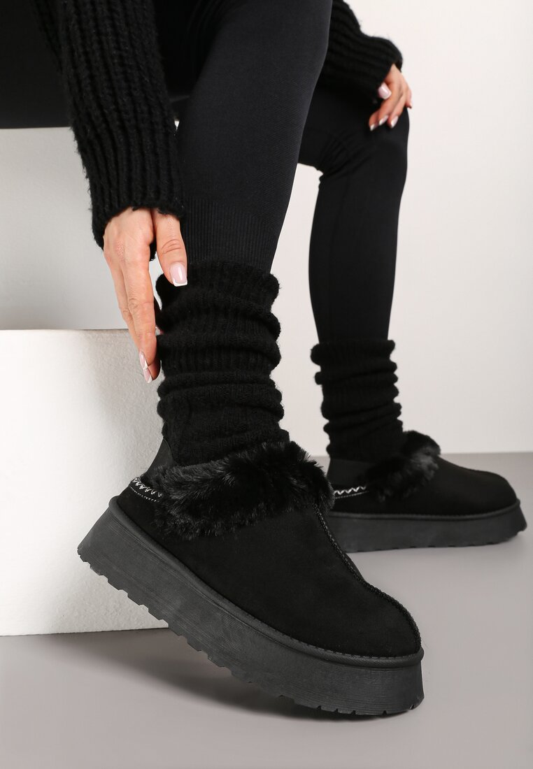 Ghete de zăpadă Negre cu talpă groasă cu bandă elastică și blană Sinathra