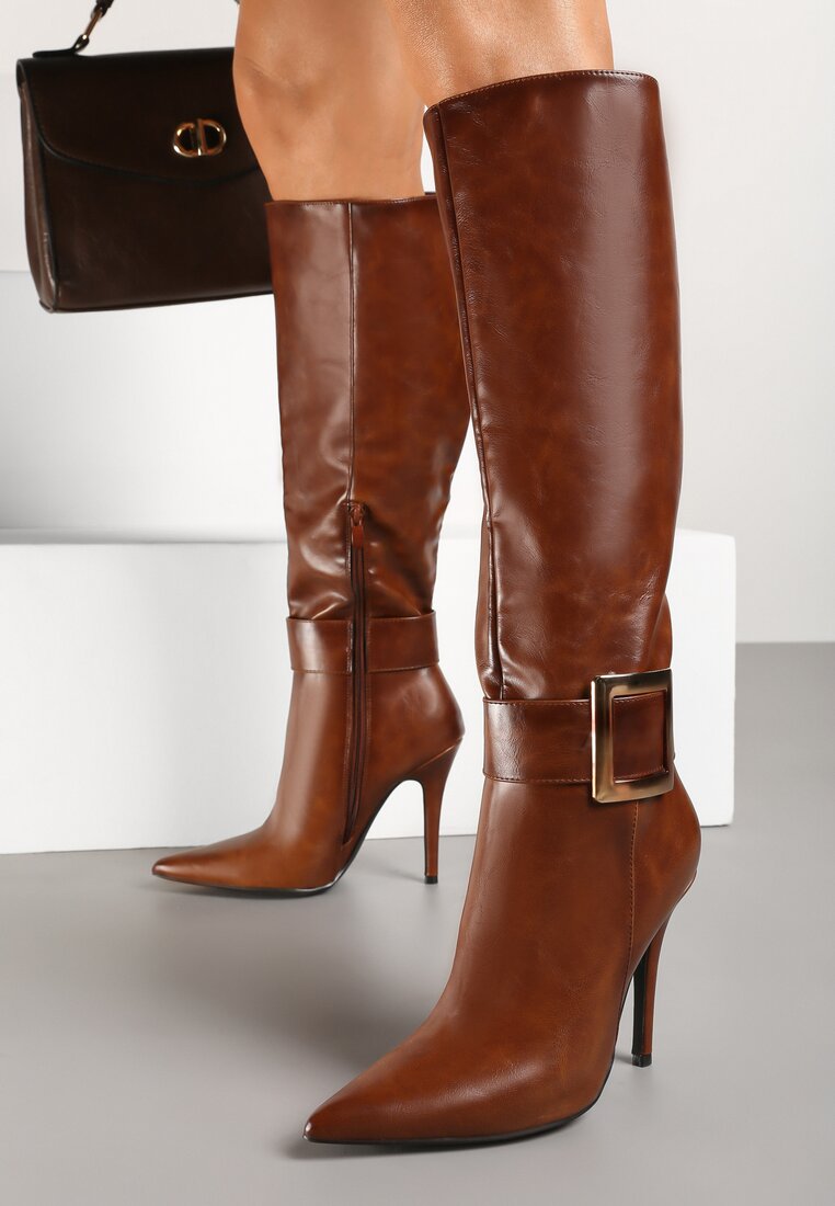 Cizme Maro cu toc subțire Decorate cu cataramă Innadora