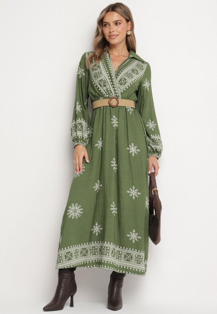 Rochie Verde Petrecută din Viscoză cu Curea și Elastic în Talie cu Model Etnic Zindoria