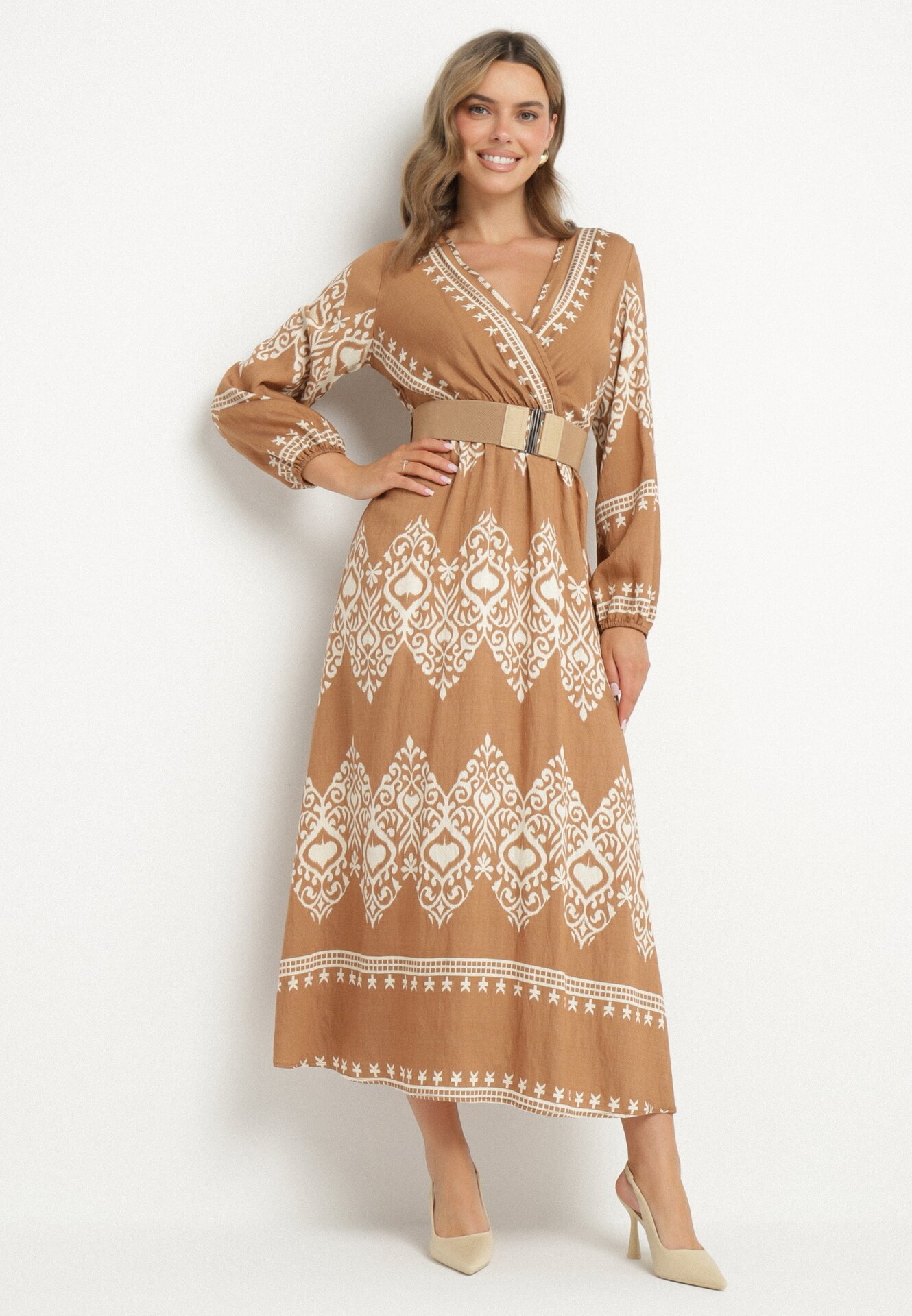 Sukienka Beżowa Tip Plic cu Viscoză cu Model Oriental cu Curea și Elastic în Talie Sagizia