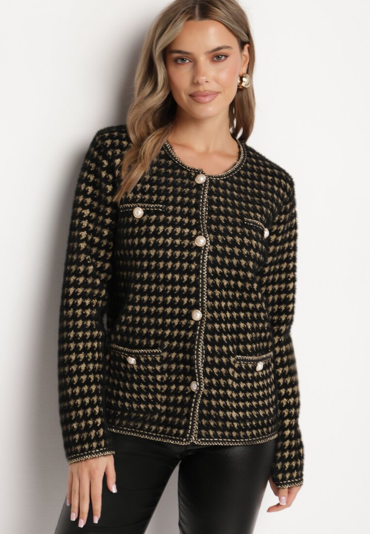 Cardigan Negru cu Model în Stil Tweed cu Nasturi Decorativi Zemitha