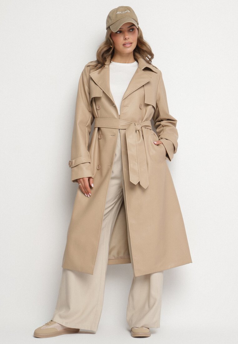 Palton Bej stil trenci din piele ecologică cu cordon în talie și clape decorative Sintesca