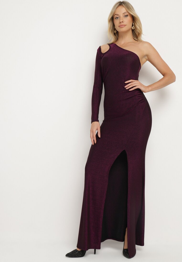 Rochie de cocktail Mov din viscoză pe un umăr cu croi asimetric cu fir metalic Tililie