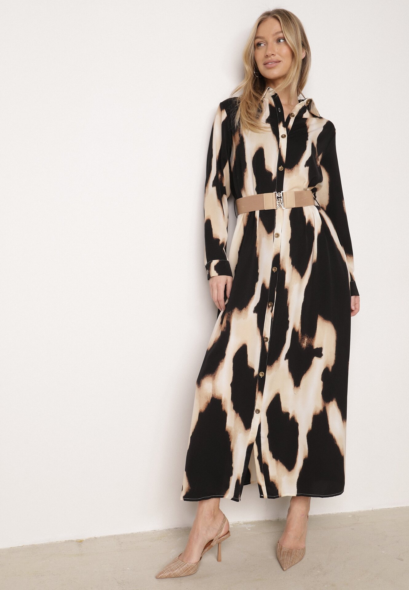 Rochie Bej cu Negru Imprimeu Leopard Stil Cămașă cu Cordon Elastic Tinellea