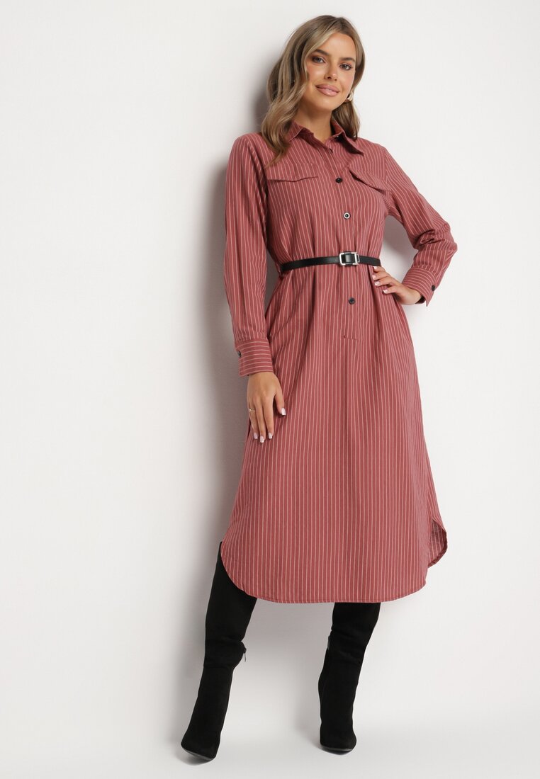 Rochie Roșie tip cămașă cu nasturi cu curea și imitație de buzunare Tintarra