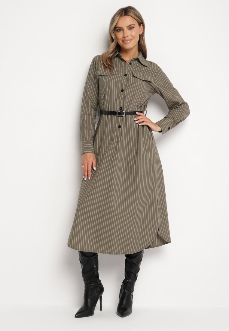 Rochie Cămașă Verde cu Nasturi, cu Curea și Imitație de Buzunare Tintarra