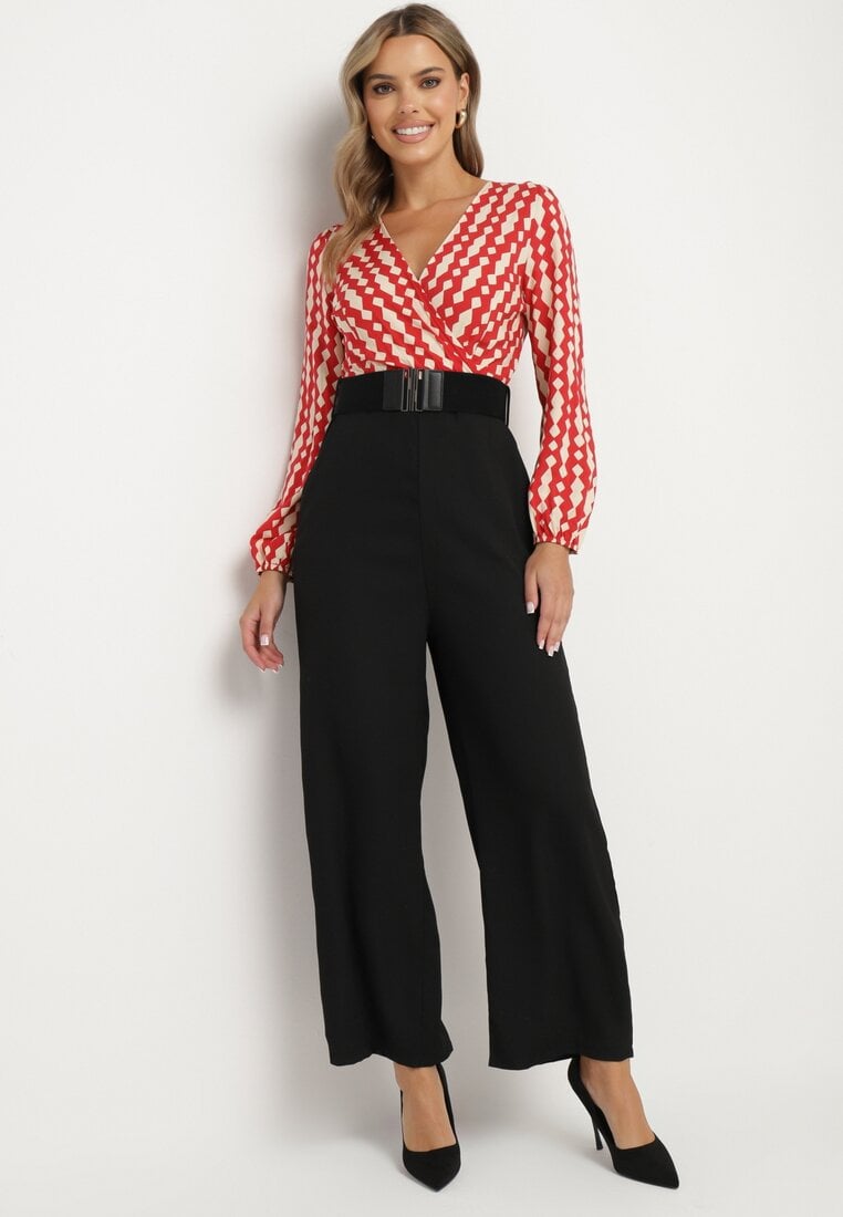 Salopetă Roșu-Negru Cu model Petrecută cu Craci Drepți și cu Centură Elastică Tinadorae