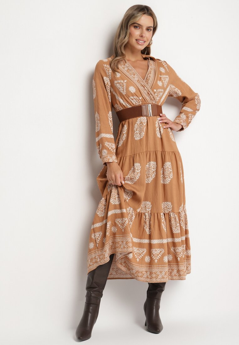 Rochie Bej Tip plic Cloș din Viscoză cu Model Etnic cu Cordon Mirizia