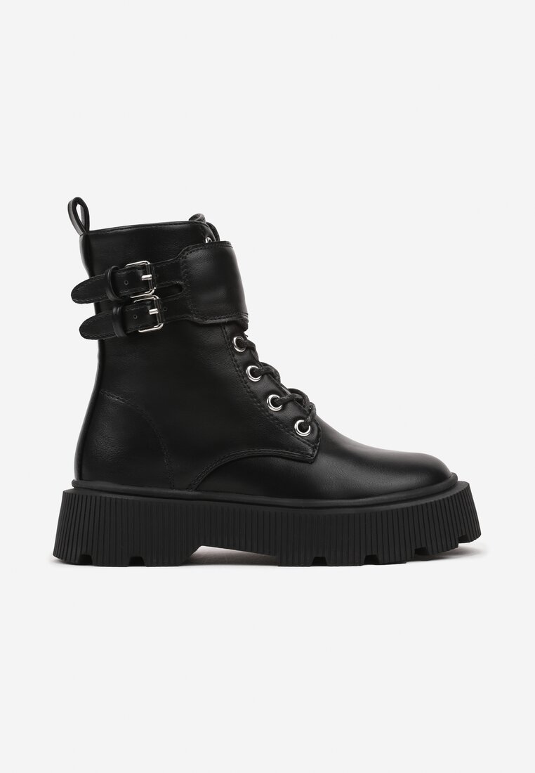 Botine tip worker Negre pe talpă groasă reliefată decorate cu curele Sintelle