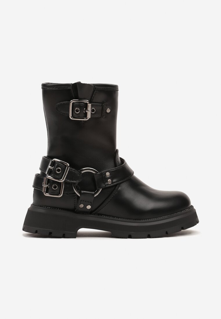 Botine Negre în stil motociclist decorate cu catarame Miaeska