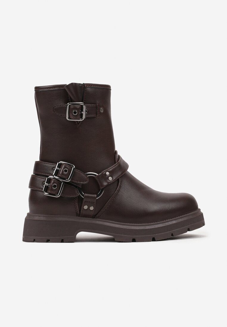 Botine Maro Plate stil Biker decorate cu curele și catarame Tilinita