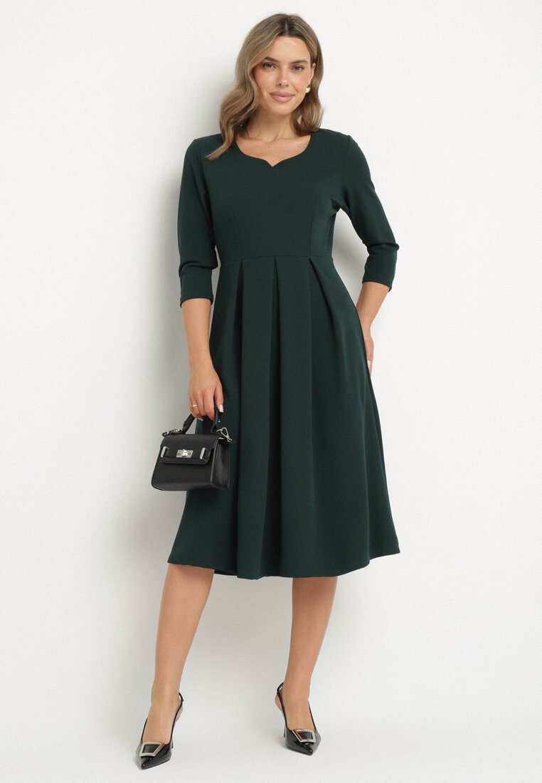 Rochie Verde închisă Evazată cu Mânecă 3/4 Nomiel