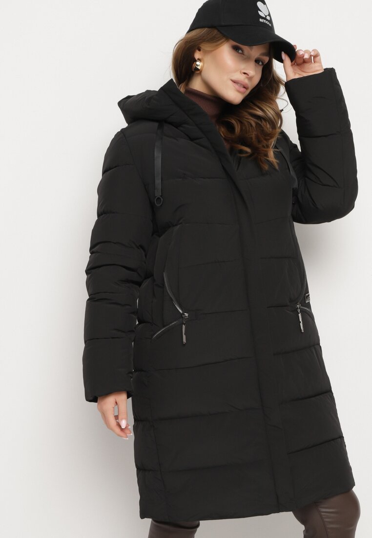 Geacă Matlasată Neagră cu Glugă și Guler Înalt Avalentura