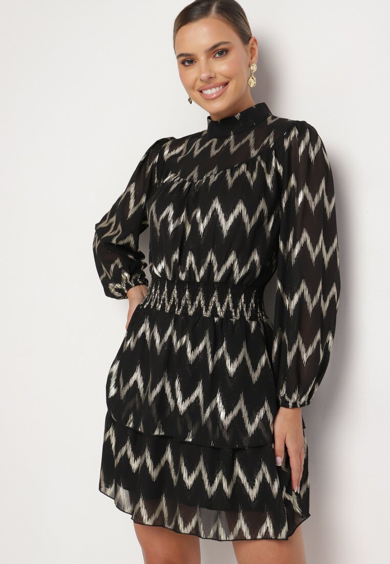 Rochie Neagră Imprimată din plasă cu volane, guler înalt și elastic în talie Ocelina